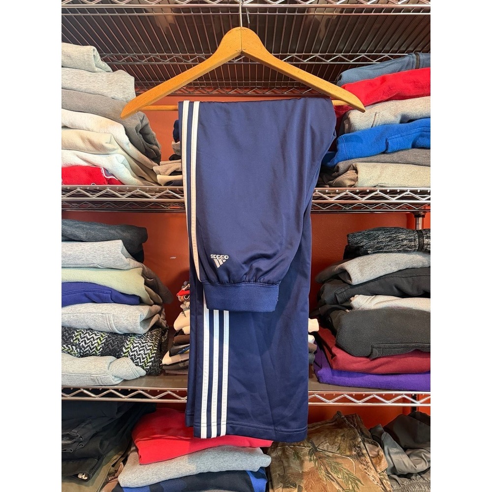 Vintage Adidas Navy Blue 3-Stripe Track Pants With Zipped Pockets Size Medium